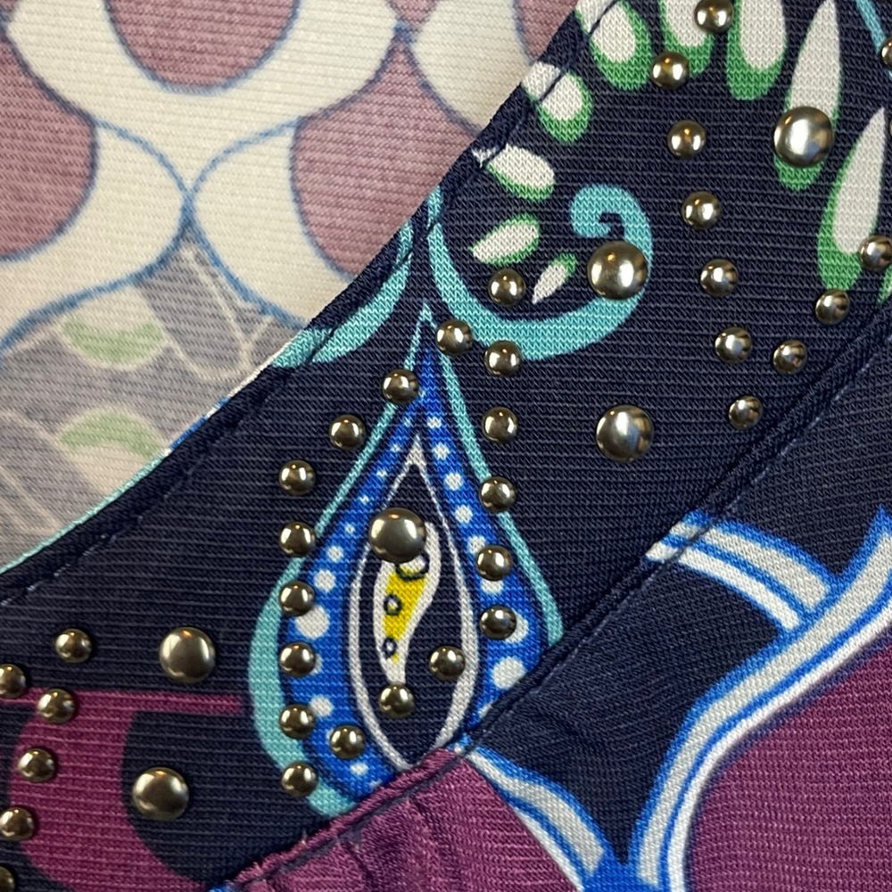 One World Womens 2X Long Sleeve V Neck Beaded Embellished Tunic Top Multi Print - Picture 5 of 8